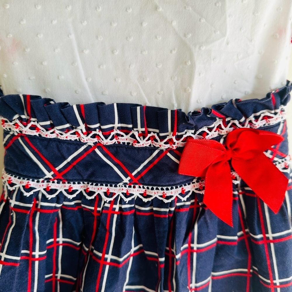 Navy Blue Plaid Kids Formal Dress with Red Bow - Picture 2 of 5